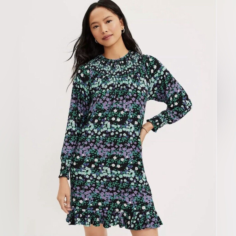 LOFT Floral Smocked Ruffle Neck Dress